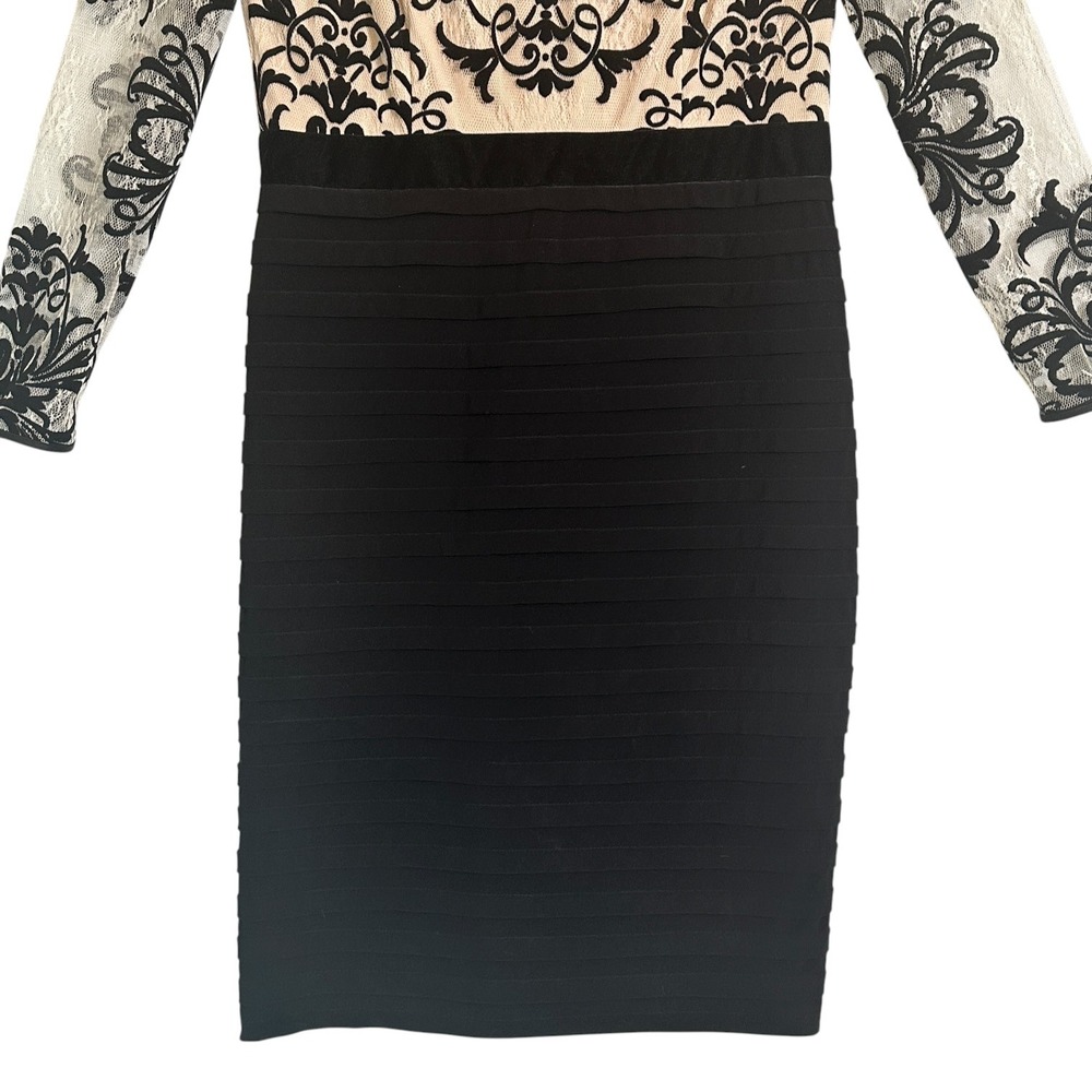 Betsy & Adam Dress Lace Damask Tiered Bandage Long Sleeve Black Nude 14 Cocktail - Picture 5 of 11
